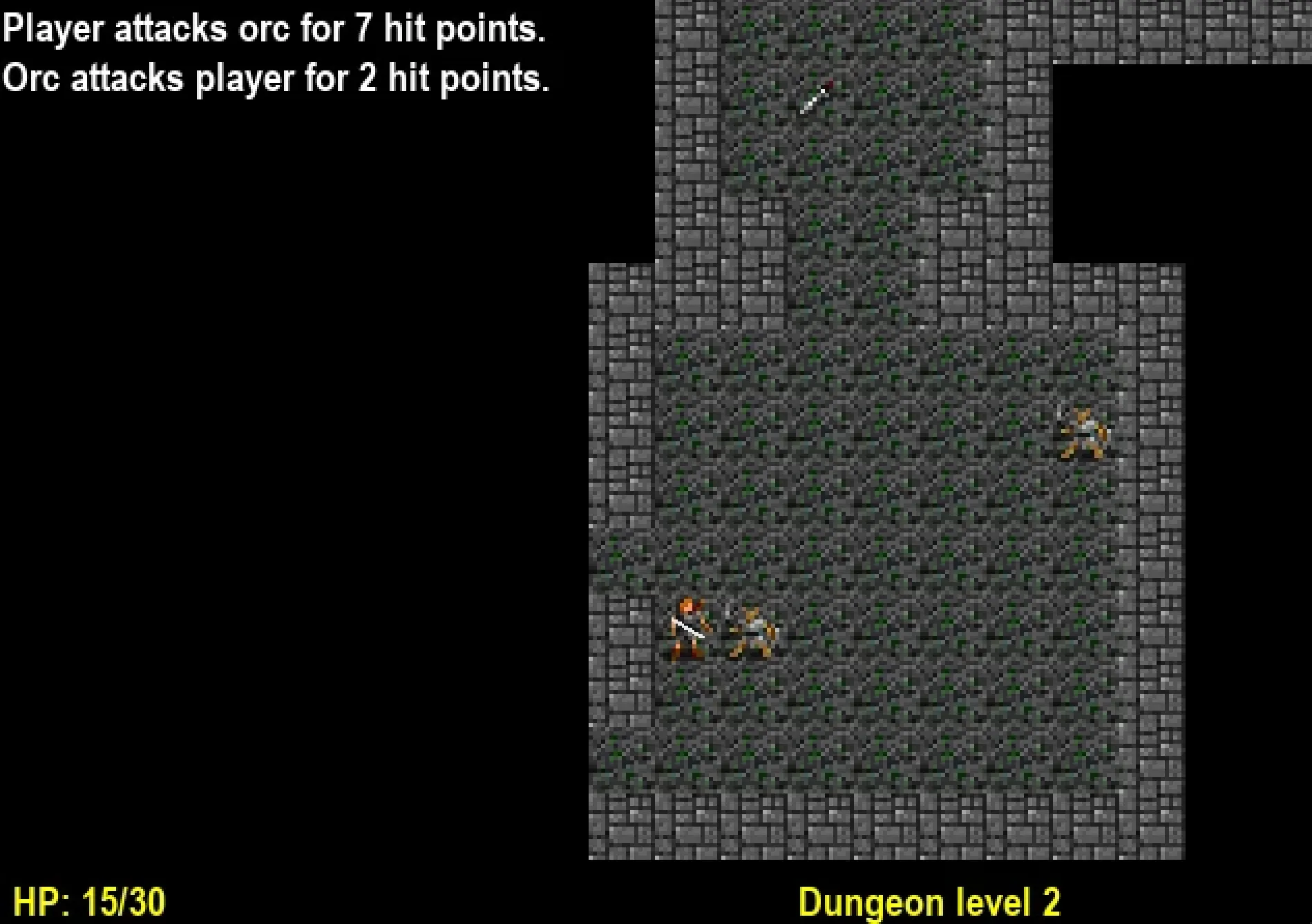 The AI-controlled player fighting orcs in a Little Rogue dungeon