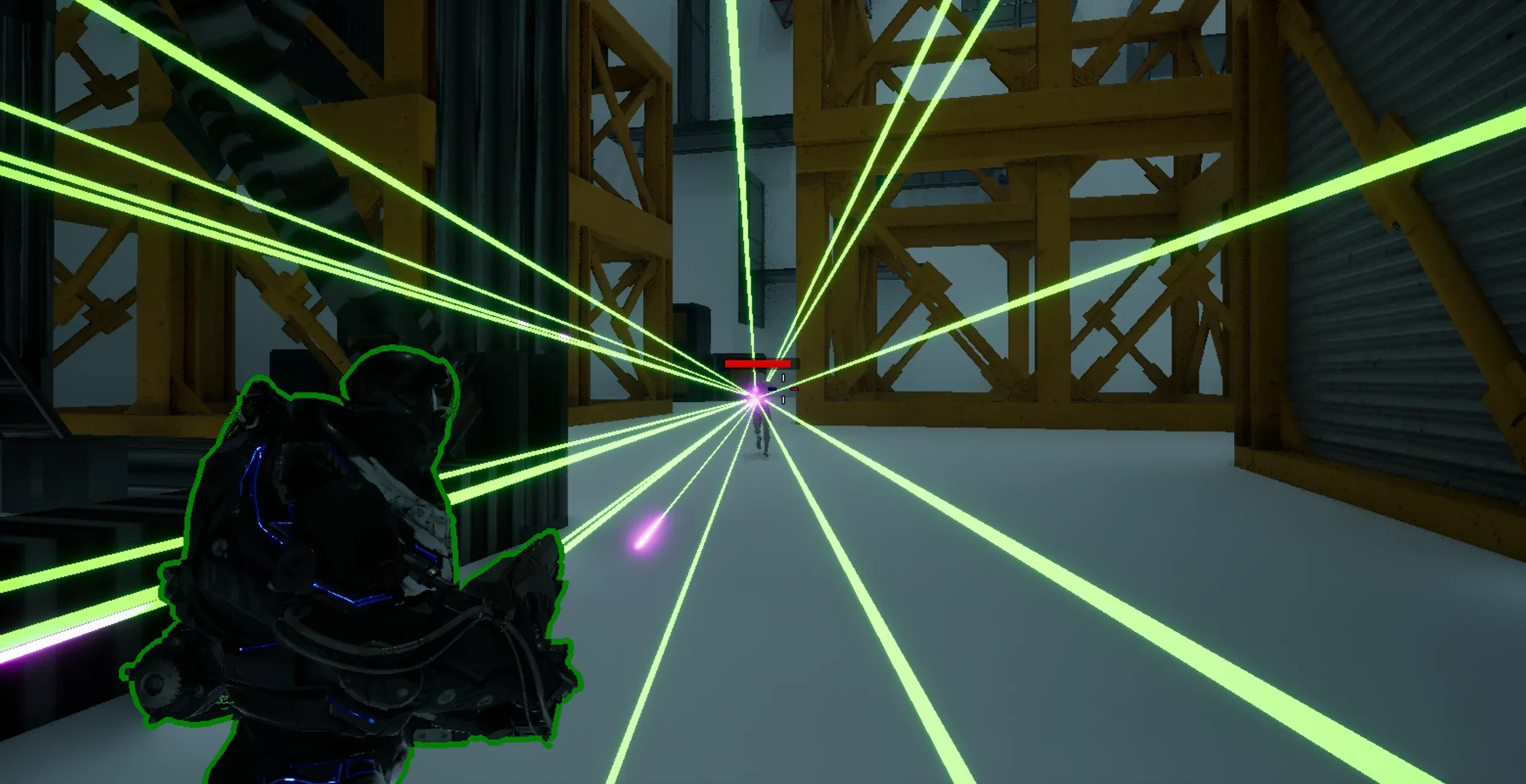 The player character in combat inside the cube, surrounded by laser fire