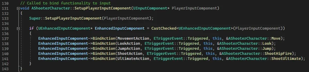 Code binding input actions to player character functions